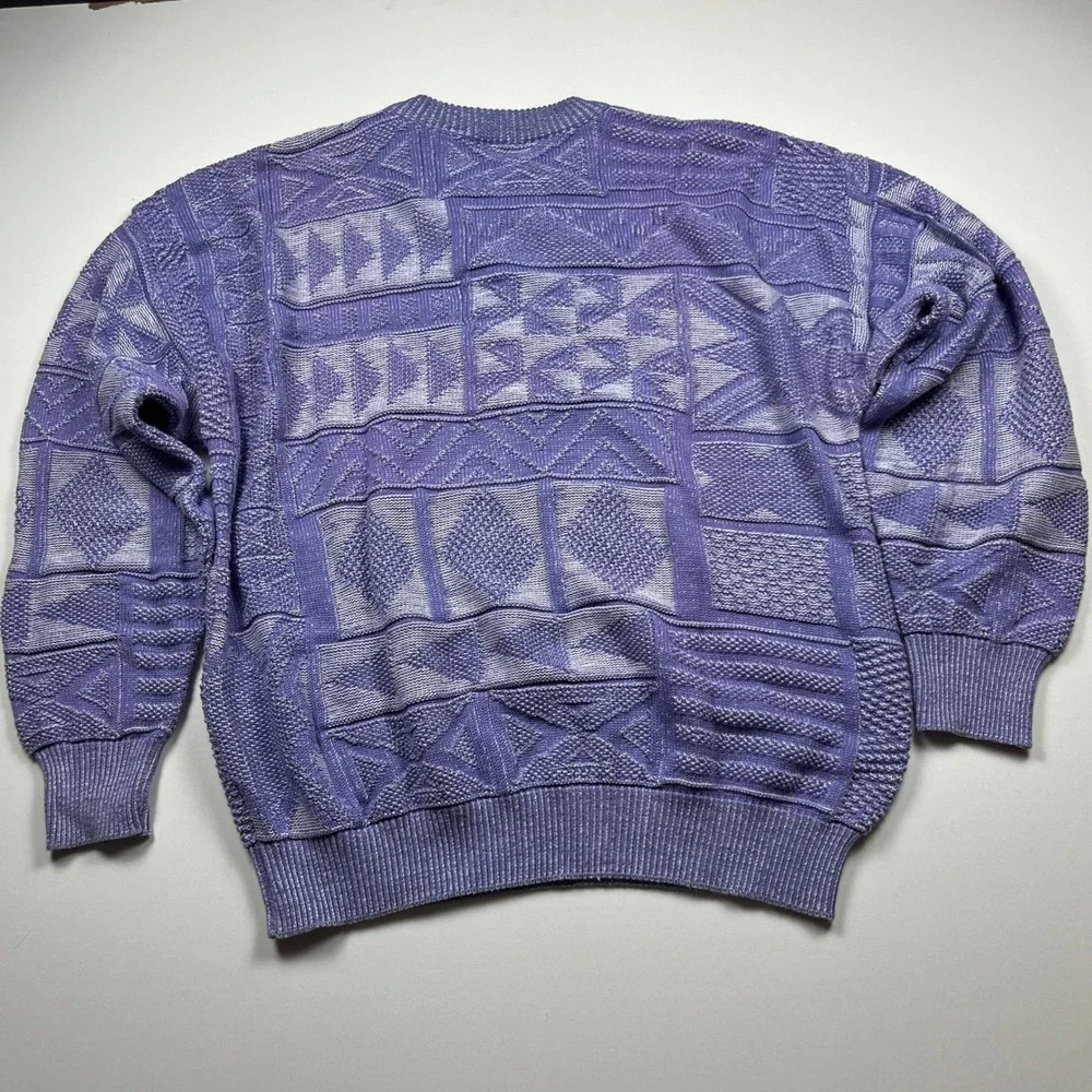 Vtg Claiborne Geometric Textured Knit Cotton Sweater Mens L Purple USA Grampcore